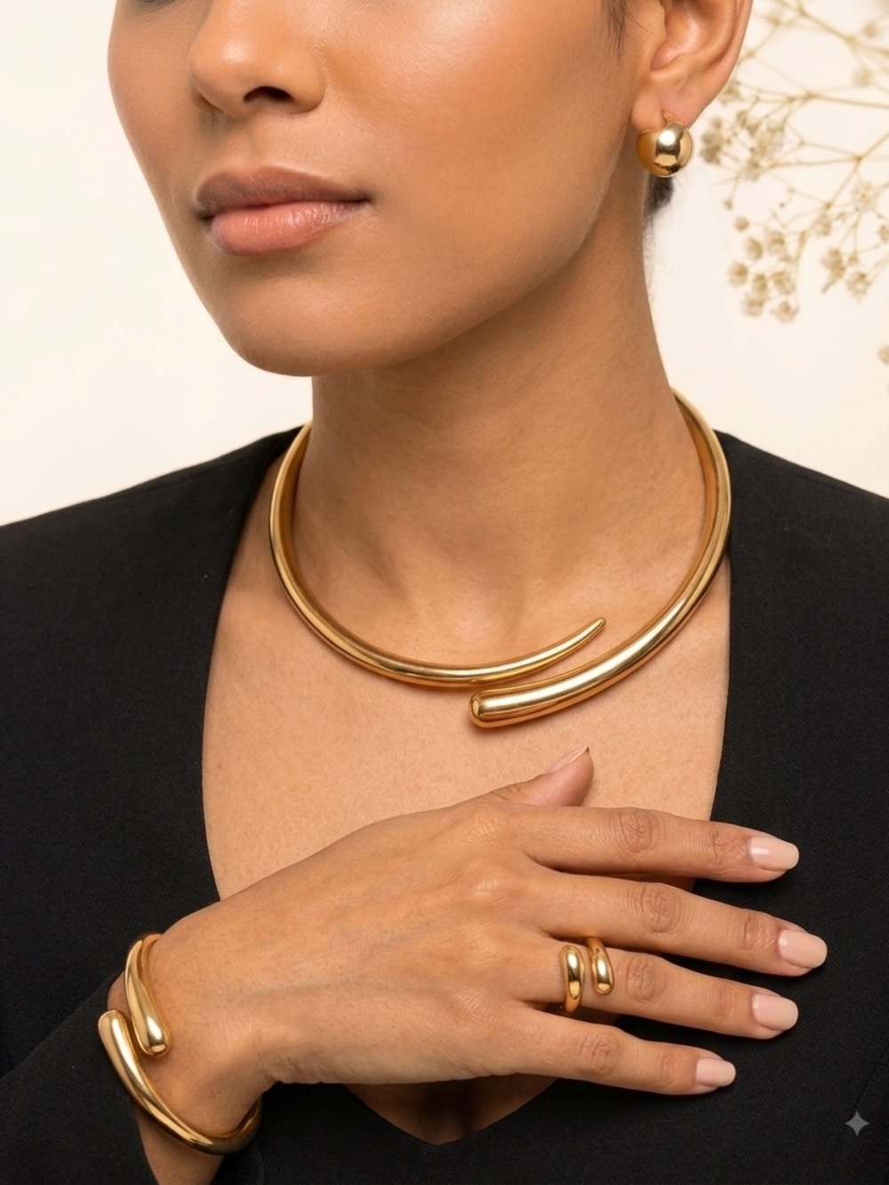 Modern Sculptural Gold Tone Jewelry Set Necklace Bracelet Earrings & Ring